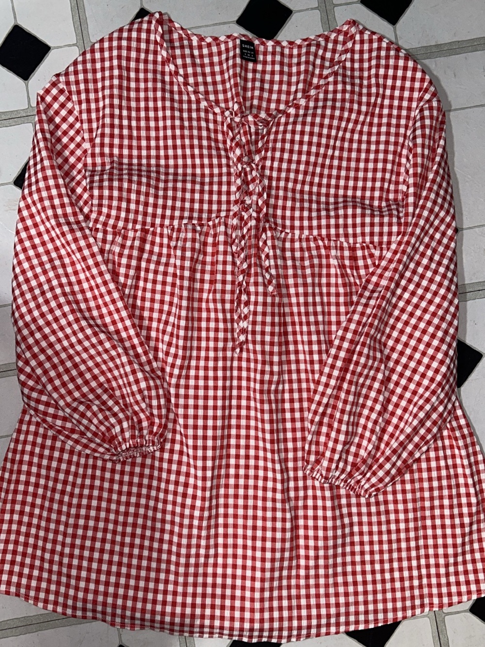 SHEIN Red and White Gingham Tie-Front Dress